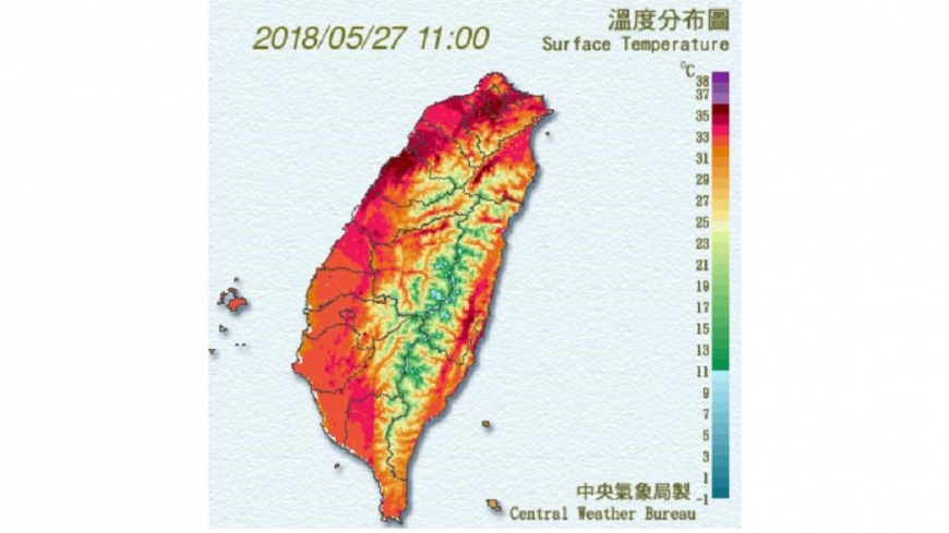 台北上午11點17分出現高溫38.2度,破今年最高溫紀錄。圖/中央氣象局