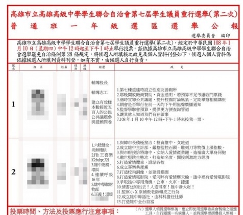 雄中學生選舉政見中，其中一名學生的政見呼應高雄市長韓國瑜「愛情產業鏈」政策。圖／翻攝自高雄中學學生聯合自治會 KSSA粉絲團