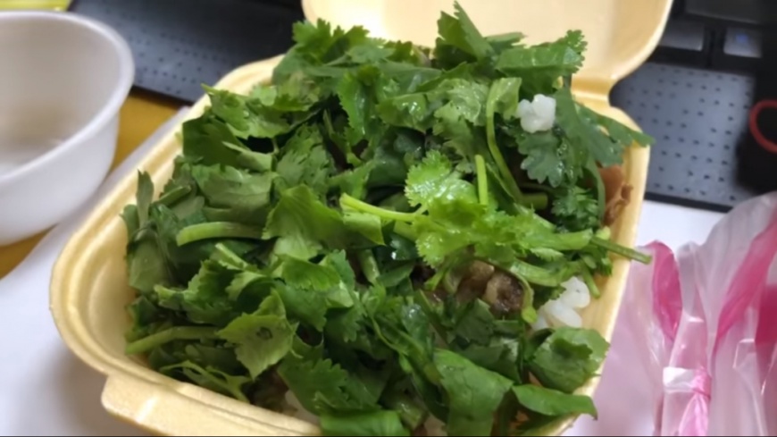 打開後驚見滿滿的香菜，完全不見滷肉飯的蹤影。圖／翻攝自「爆廢公社」