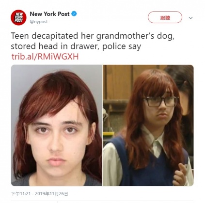 美國18歲少女史密斯殘殺並斬首奶奶養的西施犬。圖/翻攝自New York Post推特
