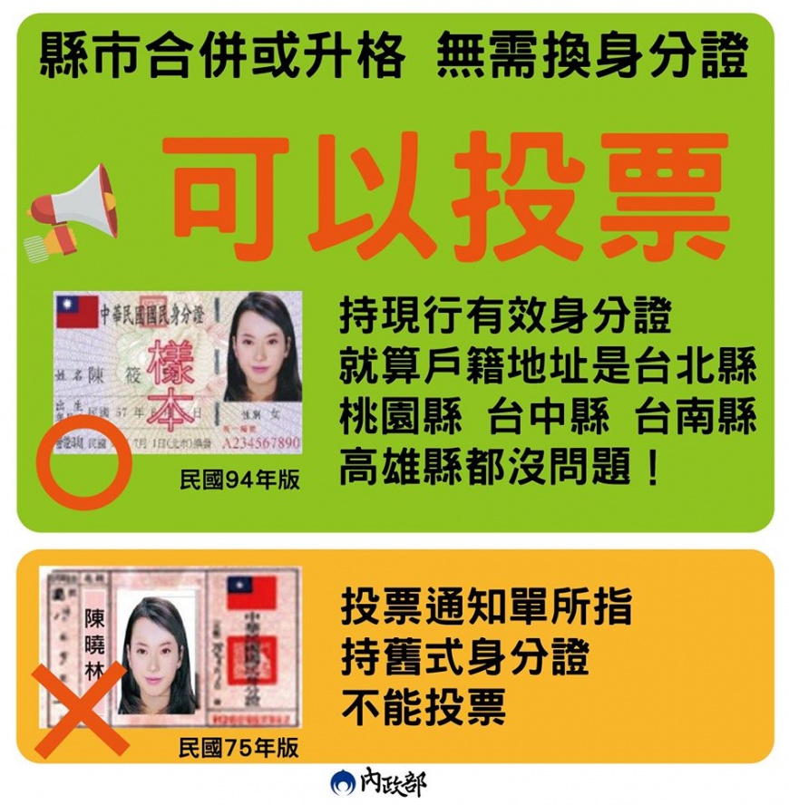 縣市合併不會影響投票權益。圖/翻攝自內政部Facebook
