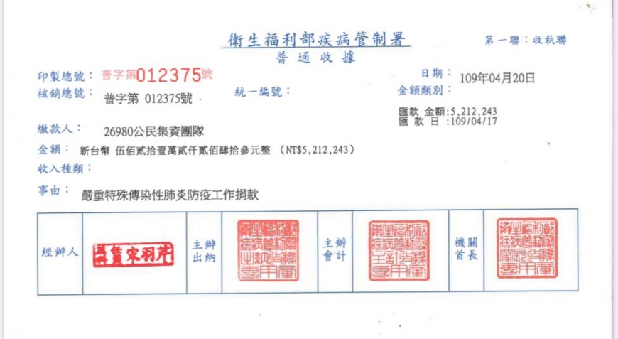 團隊將521多萬元捐給疾管署。(圖/翻攝自聶永真臉書)