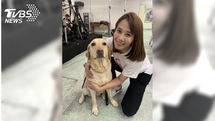 TVBS主播秦綾謙採訪盲人重建院時,與導盲犬合照。(圖/TVBS)