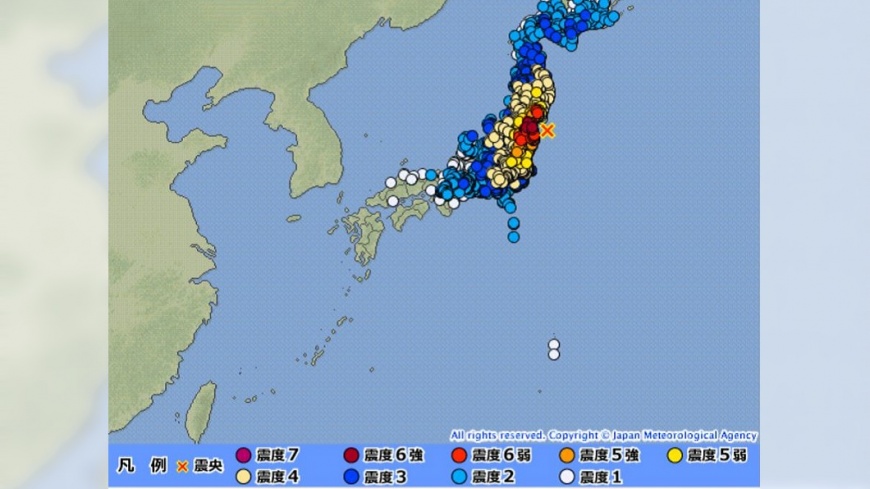 日本福島外海晚間發生強震。(圖/翻攝自日本氣象廳官網)