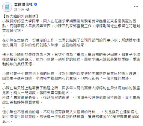 最後妻子抓包姦情獲得賠償金200萬和贍養費1000萬元。(圖/翻攝自 臉書粉絲團「立達徵信社」)