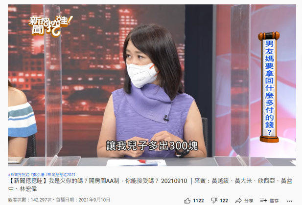 作家黃大米日前上節目分享有女生和媽寶男友開房間事後男方媽媽討錢。(圖/翻攝自YouTube)