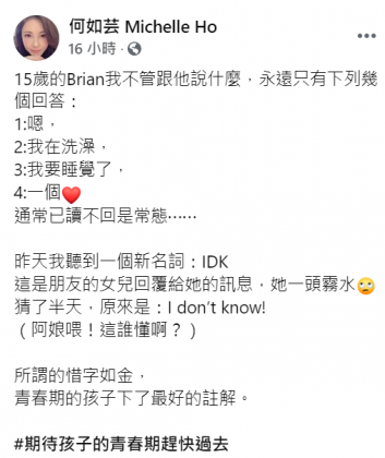 何如芸在臉書透露正值青春期的兒子「惜字如金」。(圖/翻攝自何如芸臉書)
