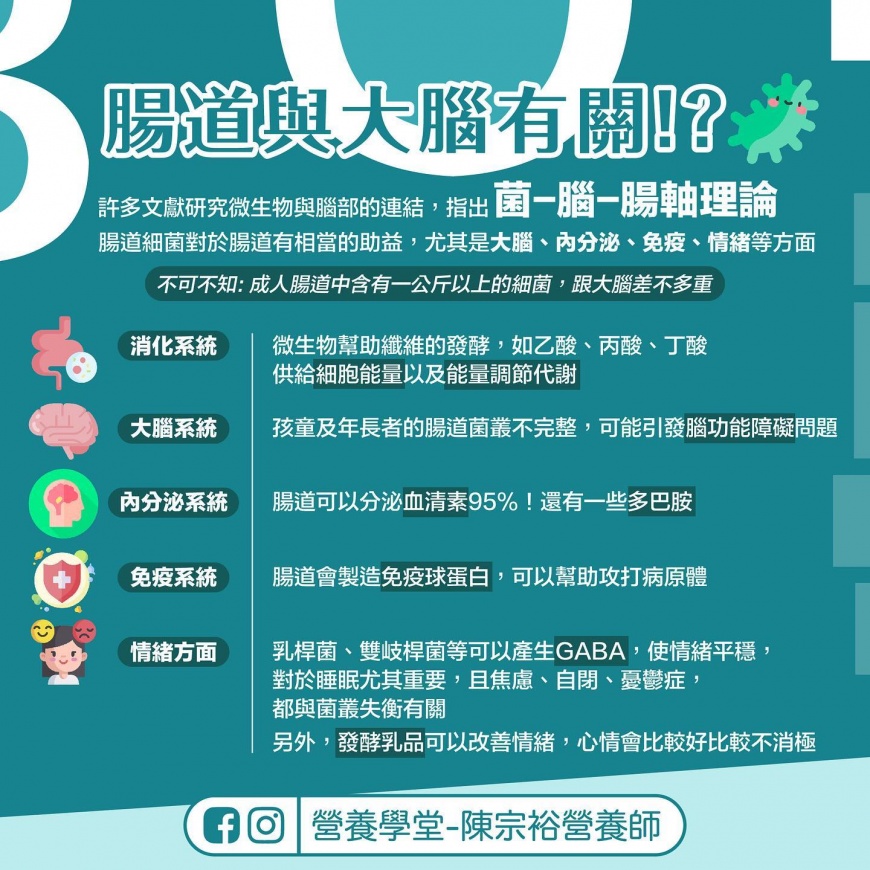 腸道與大腦息息相關。（圖／翻攝自營養學堂-陳宗裕營養師Facebook）