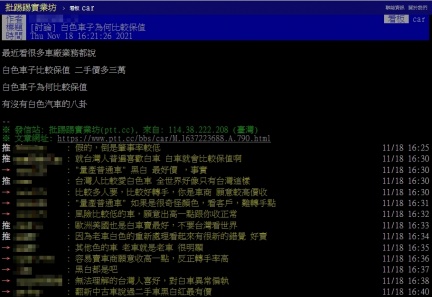 原PO發文表示為何白車比較保值。(圖/翻攝自PTT)