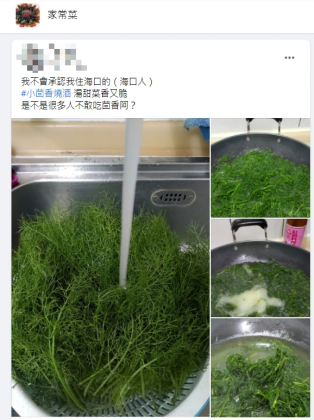 有網友在臉書詢問，是否很多人不敢吃茴香。（圖／翻攝自家常菜臉書）