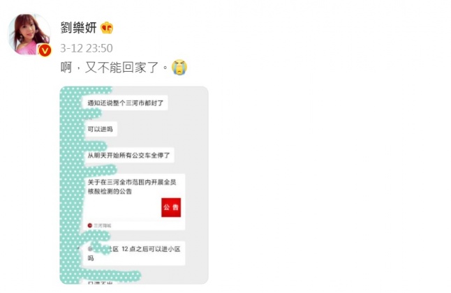 劉樂妍曬出對話截圖。(圖/翻攝自劉樂妍微博)