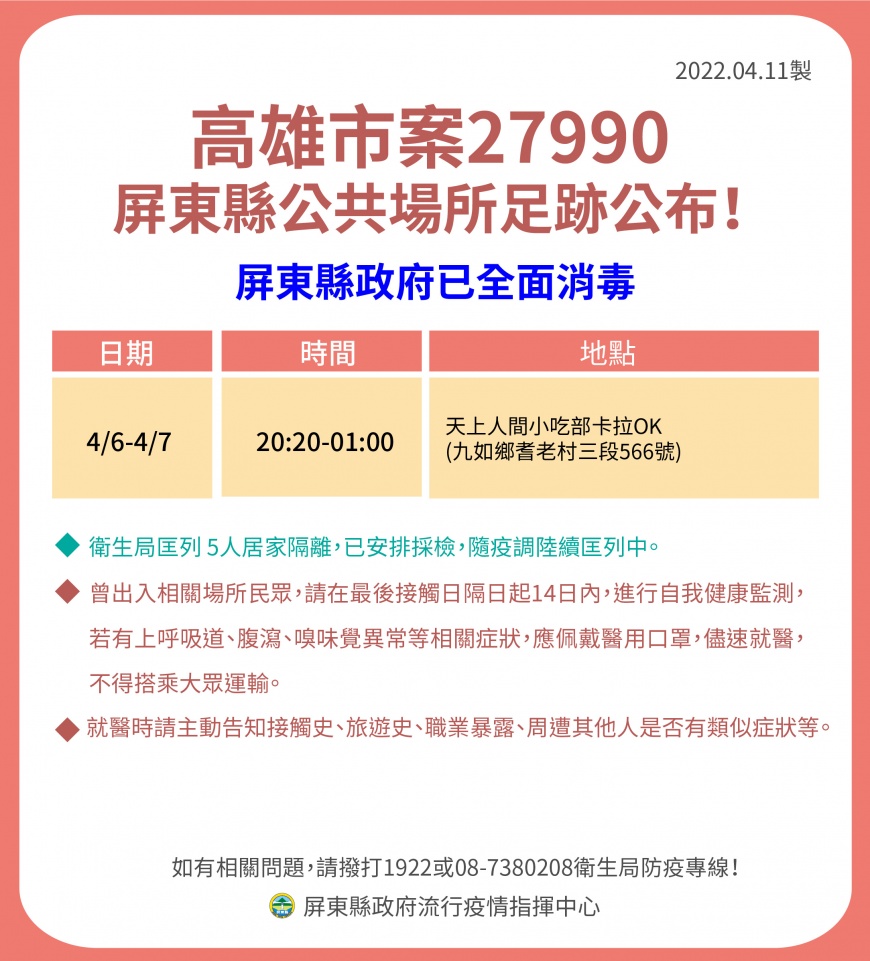 高雄市案27990屏東縣公共場所足跡公布。(圖/屏東縣政府提供)