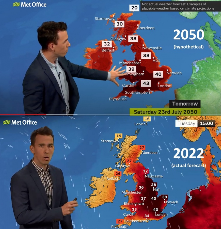 英國氣象學家在2020年預測2050年7月的的高溫樣貌,將提早於18、19日來到。(圖/翻攝自CNN)