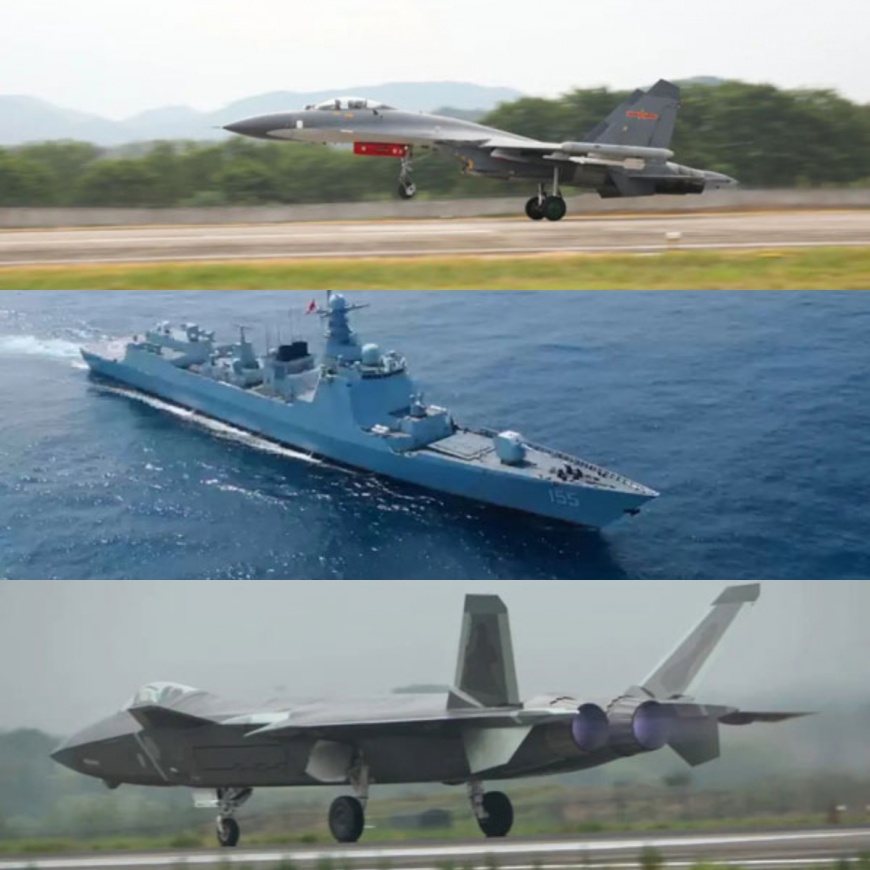 解放軍出動「海軍、空軍、火箭軍、戰略支援部隊」,在台海周邊展開「全天候」演訓。(圖/翻攝自觀察者)
