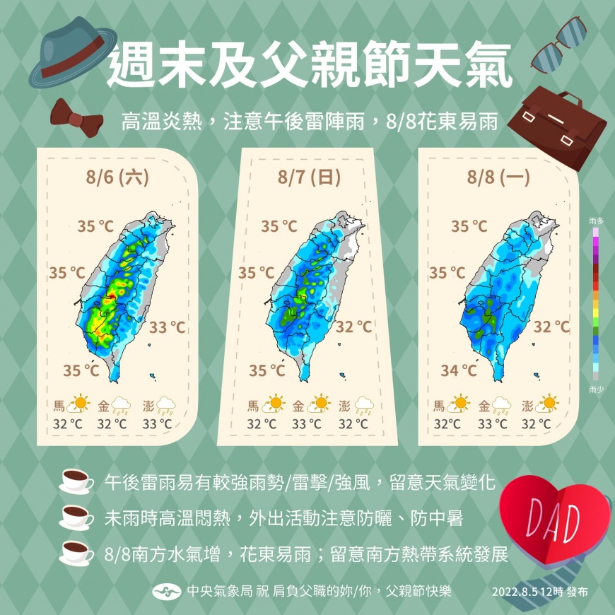 週末及父親節天氣。(圖/中央氣象局)