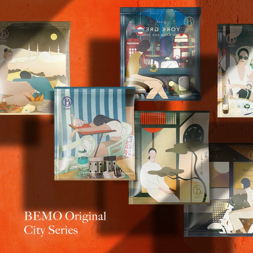 插畫家葉珊「3」操刀繪製BEMO Café「城市系列壺泡咖啡」插圖,以現代筆觸表現人們與旅行、城市、咖啡之間的親密關係。