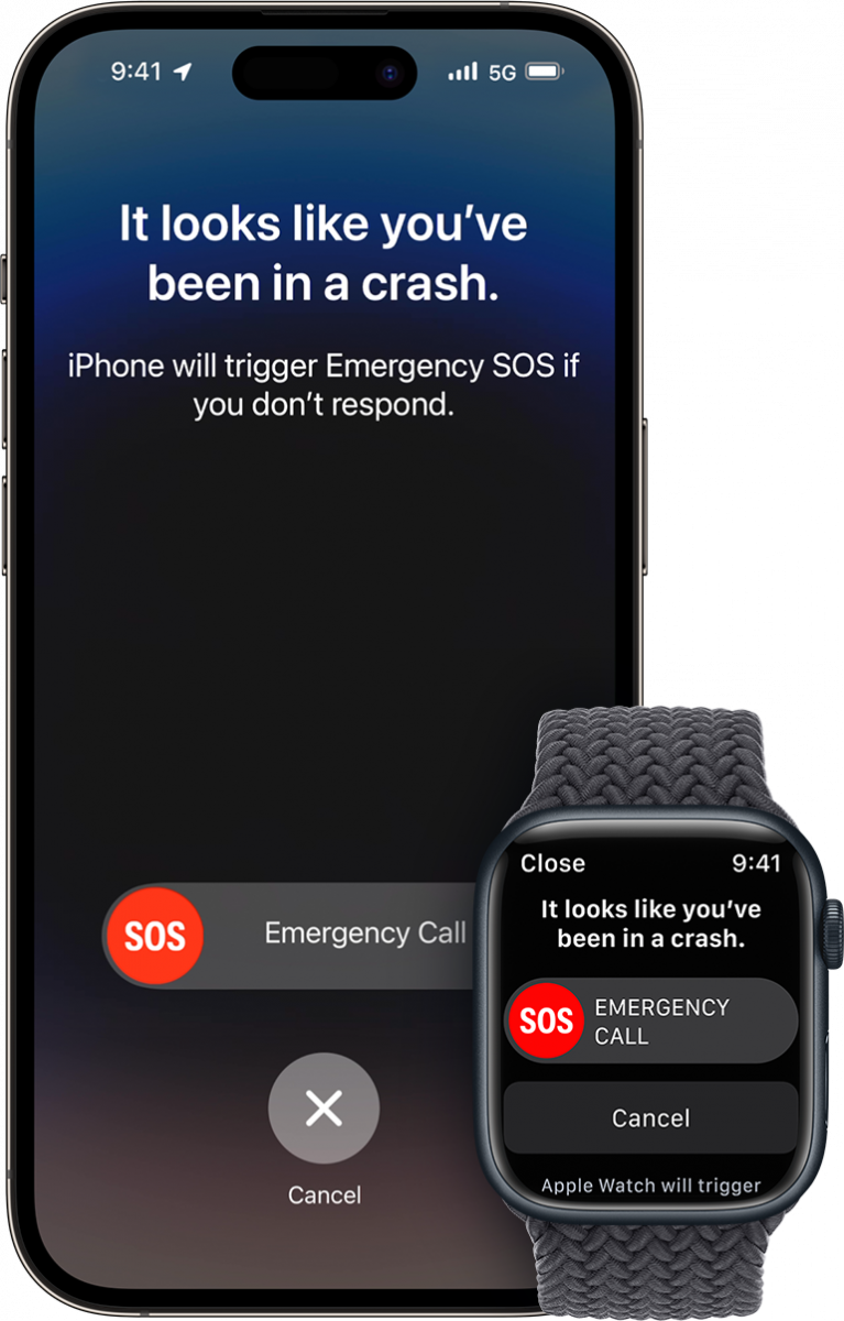 iPhone或Apple Watch在偵測到嚴重車禍後,若當事人沒有回應,裝置會在20秒後自動撥打緊急服務電話。(圖/翻攝自 蘋果官網)