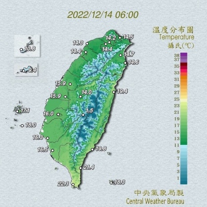 今晨台灣氣溫分布圖。(圖/翻攝自鄭明典臉書)