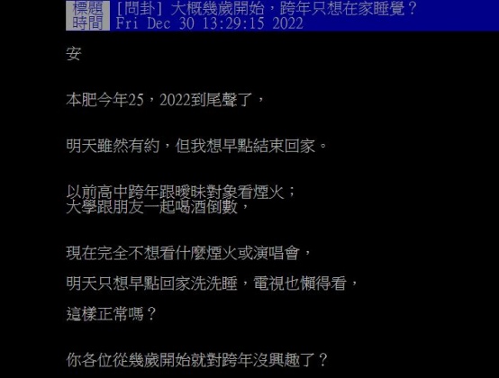 原PO在PTT發問,大家通常會在幾歲對於跨年失去熱情?(圖/翻攝自PTT)