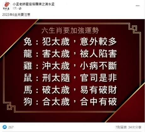 小孟老師點名6生肖要在2023兔年注意。(圖/翻攝自「小孟老師星座塔羅牌之清水孟」臉書)