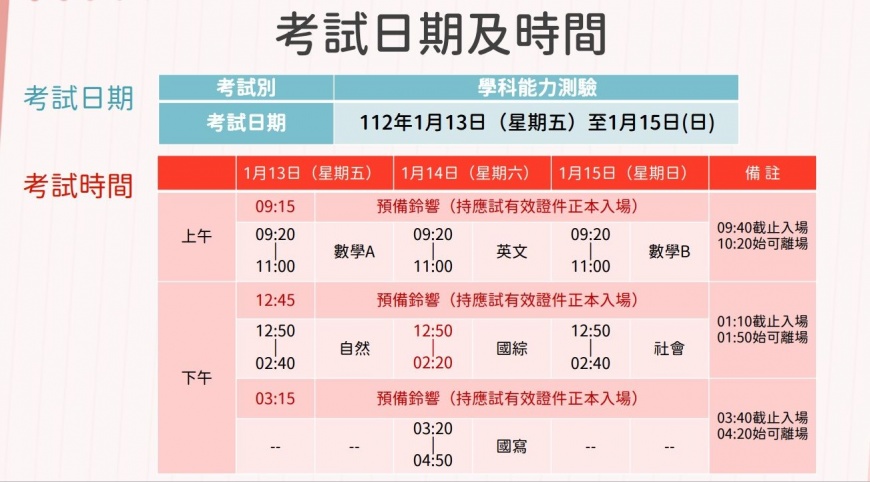 112學年度學測時程表。(圖/大考中心提供)