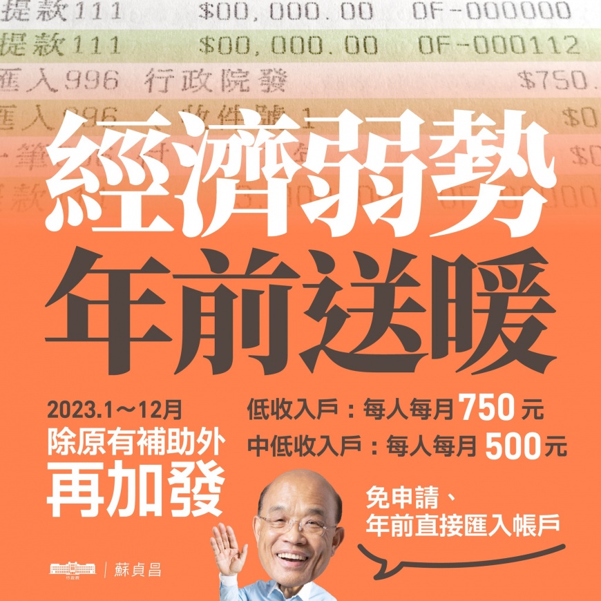 若為中低收入戶,政府將會提供一整年的「加碼發現金」。(圖/翻攝自蘇貞昌臉書)