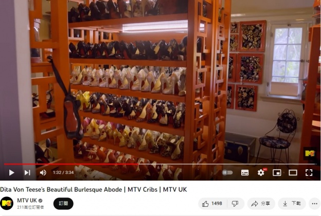 Dita Von Teese的衣帽間擺滿高跟鞋。(圖/翻攝自MTV UK Youtube)