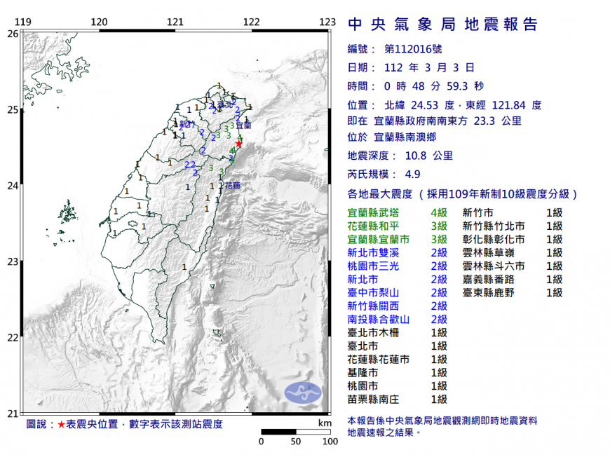 宜蘭南澳今日凌晨發生規模4.9的有感地震,嚇醒不少民眾。(圖/中央氣象局提供)
