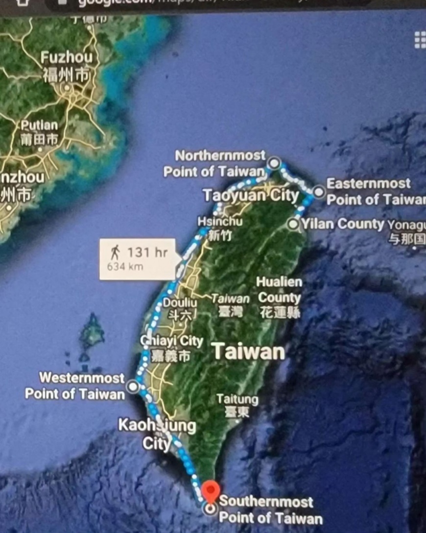 企鵝妹曬出她的環島路線圖,預計得徒步走上634公里。(圖/翻攝自「@yyj0728」IG)