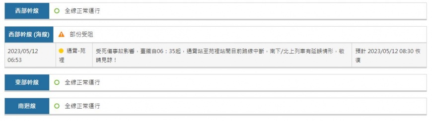 台鐵官方表示,延誤情況預計要等到8時30分才會解除。(圖/翻攝自台鐵官網)