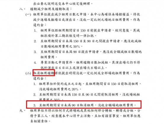 若在租用期間首日未滿90日取消租用,沒收全額場地租用費用。(圖/翻攝北流官網)