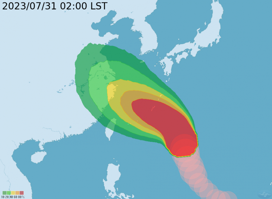 北部近海100公里以內海域，受暴風圈侵襲的機率約為40%。（圖／中央氣象局）