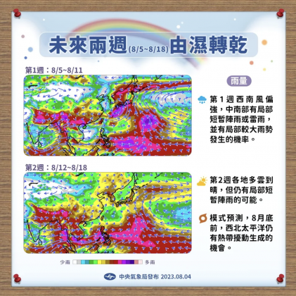 8月5日至11日中南部有雷陣雨。(圖/中央氣象局)