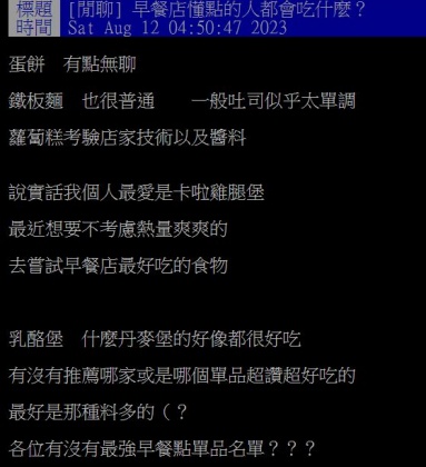 原PO發文向廣大網友們詢問,大家心目中的「最強早餐」是什麼?(圖/翻攝自PTT)