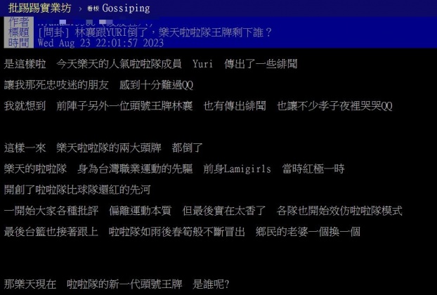 有網友好奇發問，樂天女孩的「新頭號王牌」會是誰？（圖／翻攝自PTT）