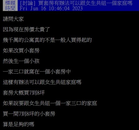 原PO因買不起老公寓想改買小套房，卻擔心未來結婚生子不夠住。（圖／翻攝自PTT）