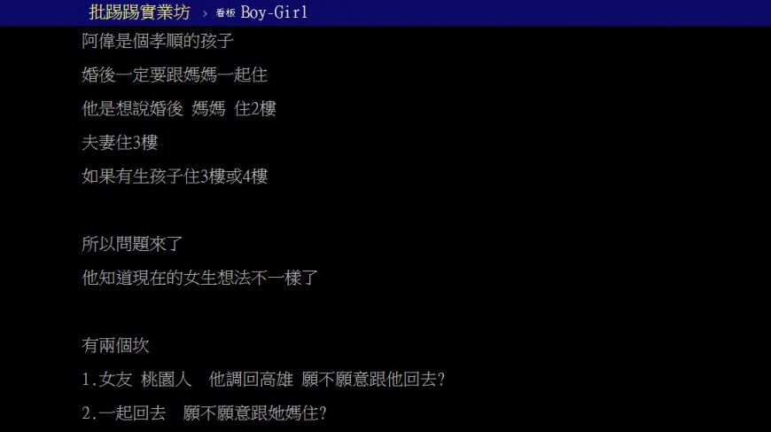 阿偉因堅持要在婚後與母親同住,故擔心女友不願與他一起定居高雄。(圖/翻攝自PTT)