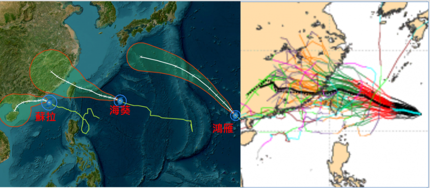 「海葵」系集路徑分散,包括登陸、西北颱、偏北不侵襲,不確定性很高。(圖/翻攝自「三立準氣象.老大洩天機」專欄)