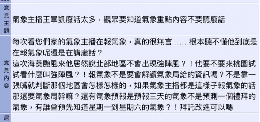 王軍凱貼出觀眾投訴內容。(圖/翻攝自王軍凱臉書)