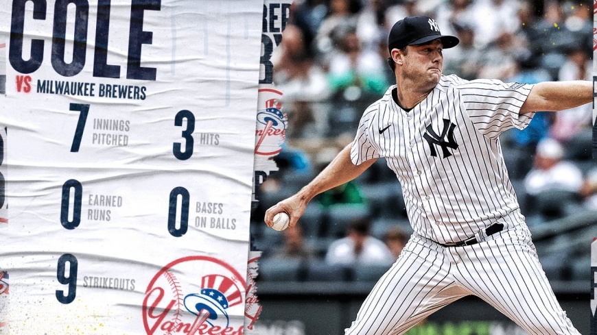 柯爾此戰7局無失分、狂飆9K,成為洋基隊史首位3度單季200K的投手。(圖/翻攝自「@Yankees」推特)