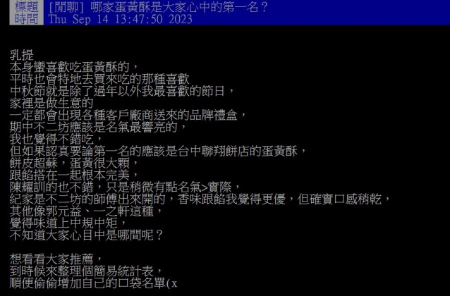 原PO分享她心目中最好吃的幾家蛋黃酥。(圖/翻攝自PTT)