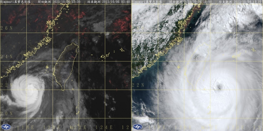 氣象粉專貼出颱風登陸前後的對比圖,發現其外圍雲系規模「消風」許多。(圖/翻攝自「台灣颱風論壇|天氣特急」臉書)