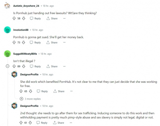 大多外國鄉民認為,「Pornhub」凍結卡莉法收入援以,是形同竊盜的違法行為。(圖/翻攝自Reddit)