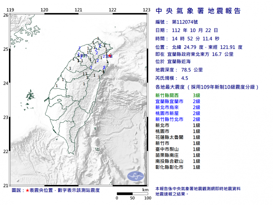 最大震度3級在新竹縣關西。（圖／氣象署）
