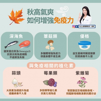 張珮蓁分享6種適合在秋冬補充的食材,有助增強自身免疫力。(圖/翻攝自「Patty營養師 陪你一起吃」臉書)