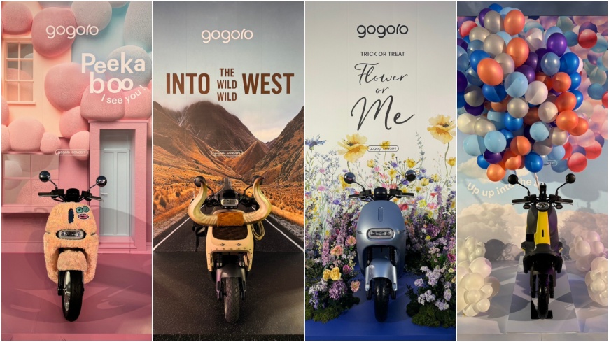 4 款變裝的 Gogoro 作為網美打卡裝置,包括化身超萌粉色毛怪、戴上誇張牛角的西部牛仔、花海夢幻精靈和真實版「天外奇蹟」。(圖片來源/ 地球黃金線)