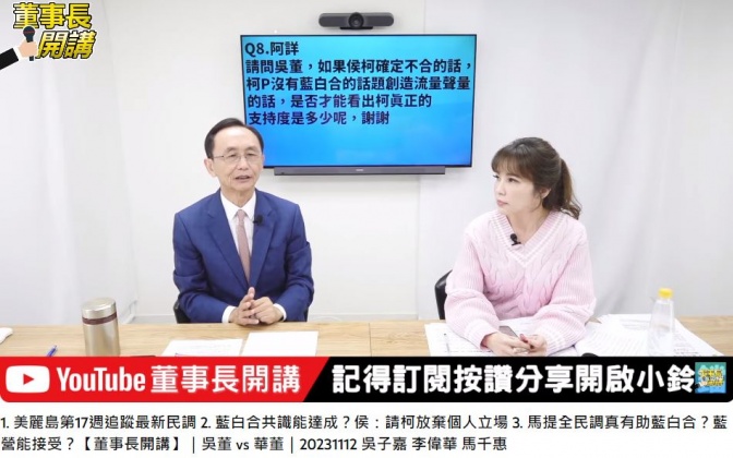 吳子嘉在節目中預估柯文哲單獨參選的實際得票率。（圖／翻攝自《董事長開講》YT）