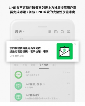 LINE提醒,自己帳號勿填他人電話、電郵,避免日後困擾。(圖/翻攝自LINE官網)