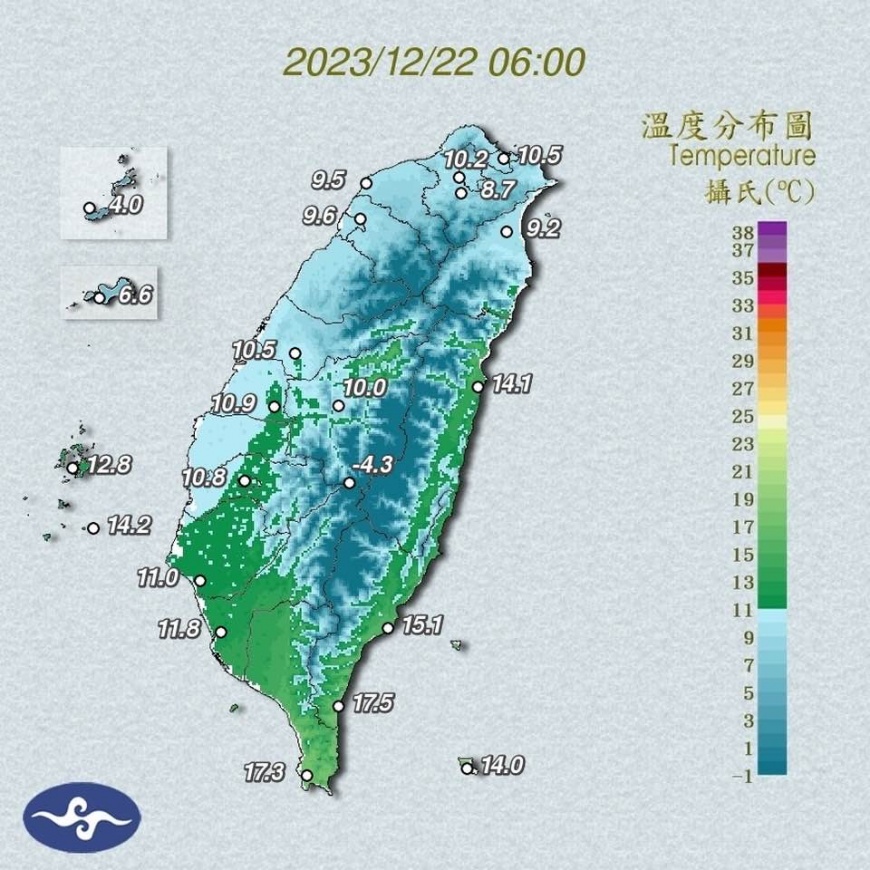 鄭明典看完溫度分布圖後提醒,南部地區今晚恐現更低溫。(圖/翻攝自中央氣象署)