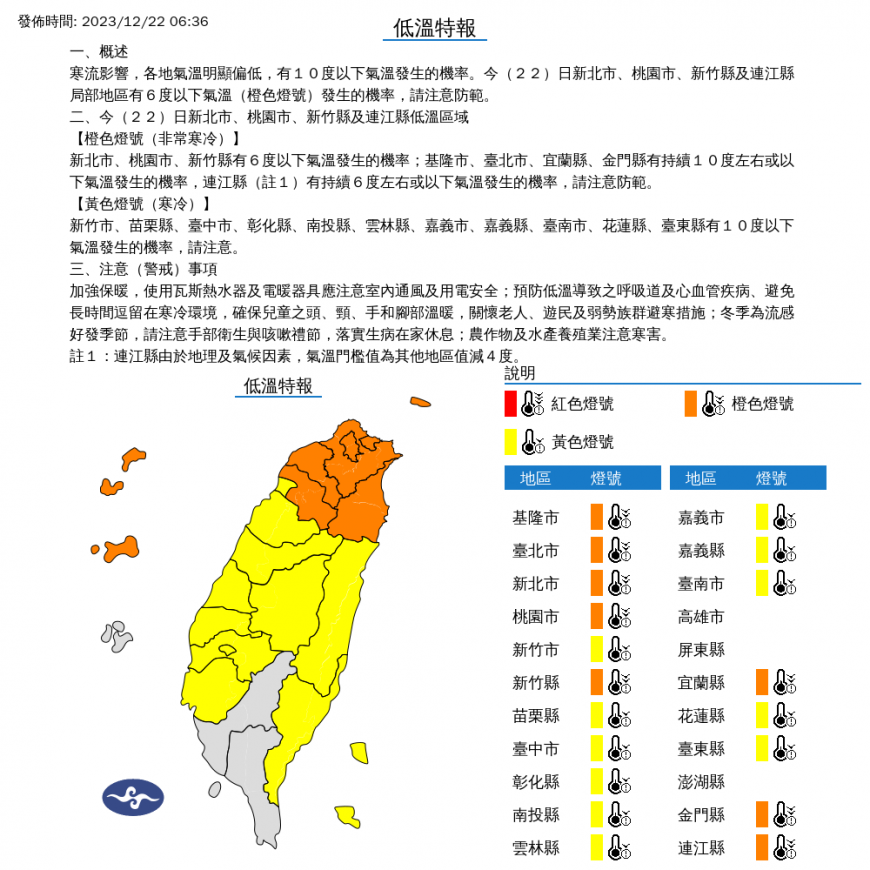中央氣象署針對新北、桃園、新竹、連江等縣市發布低溫特報。(圖/翻攝自中央氣象署)